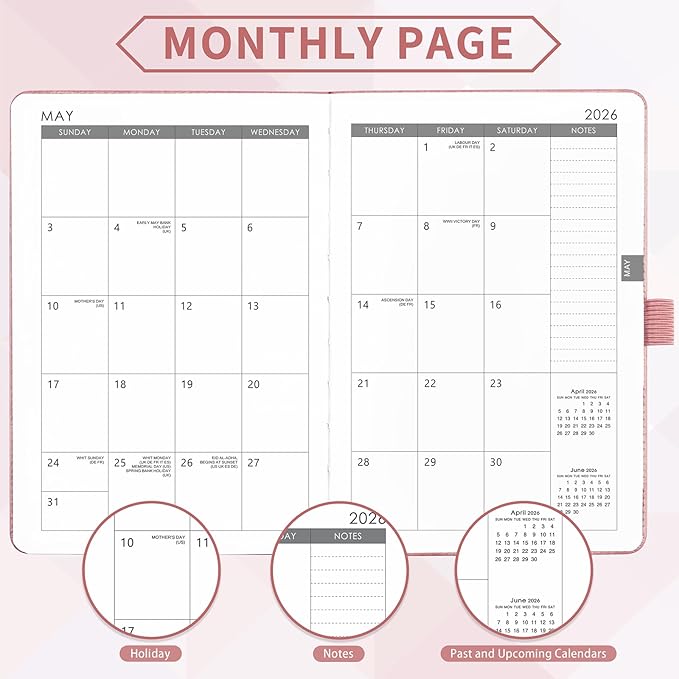 2026 Planner - Planner 2026, 2026 Weekly Monthly Planner, Jan.2026 - Dec.2026, 5.7'' x 8.4'', Thick Paper, Leather Cover, Pen Holder, Back Pocket, Bookmarks, Perfect Daily Organizer - Rose Gold