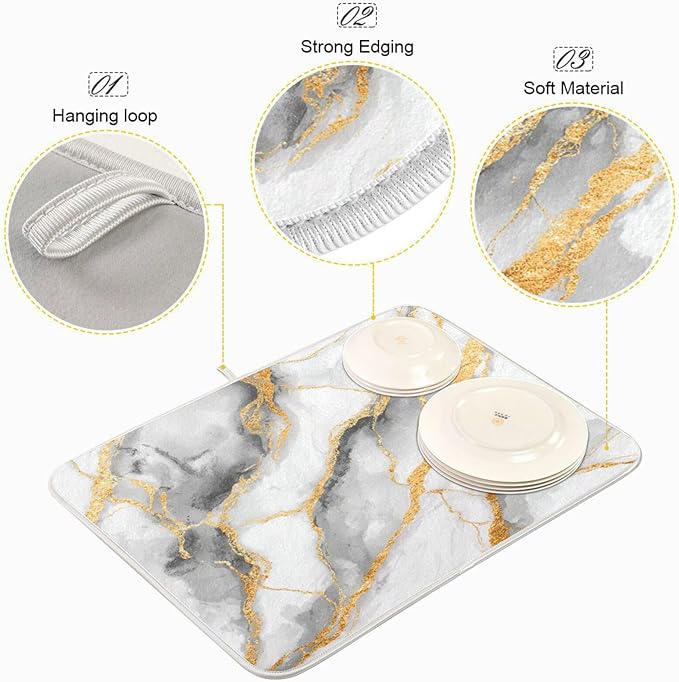 White Marble Dish Drying Mat for Kitchen Counter 18 x 24 Inch Gold Marbling Granite Absorbent Microfiber Dry Dishes Mats Drainer Mat Dish Drying Pad for Countertops