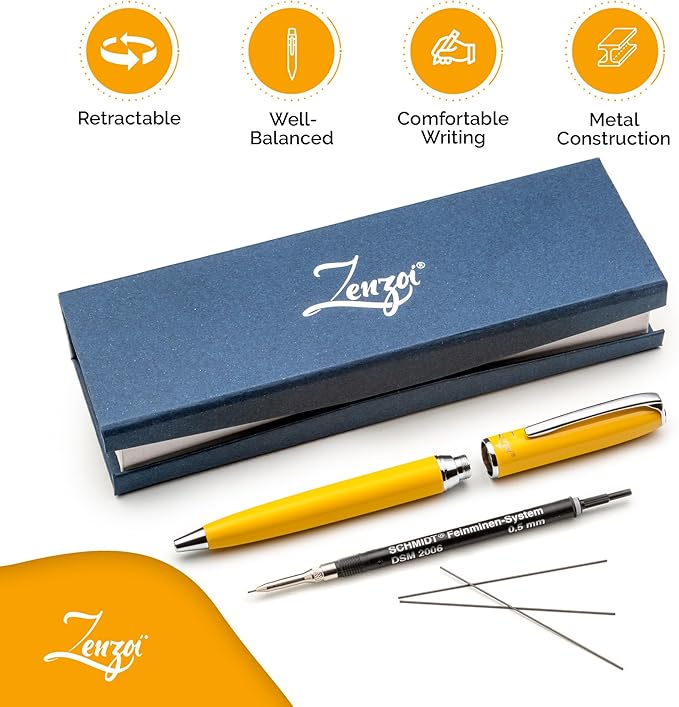 ZenZoi Yellow Mechanical Pencil w/Schmidt 0.7 mm Twist Lead System. Elegant Full Metal Pencil for Sketching, Drawing, Drafting, Writing & Note Taking. Luxury Gift Box for Men or Women