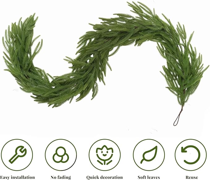 2 Pcs 9FT Christmas Garland, Christmas Decorations, Artificial Norfolk Pine Garland, Faux Greenery Garland for Mantle Fireplace Table Door Wall Upstairs Indoor Outdoor Holiday Xmas Decor