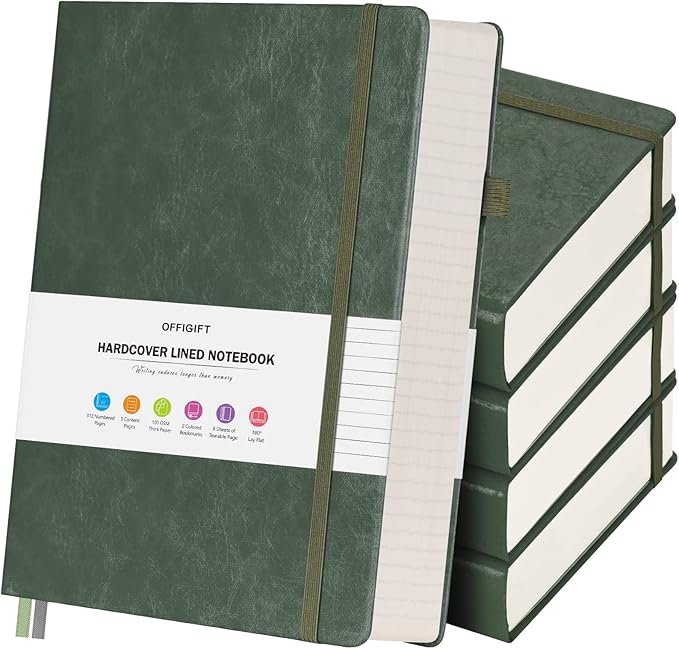 5 Pack College Ruled Notebook, 312 Numbered Pages Thick Notebooks Bulk, 100gsm No Bleed Paper Hardcover Leather Journal, Lined Journal Notebook Set for Women Men School Office, A5, Green