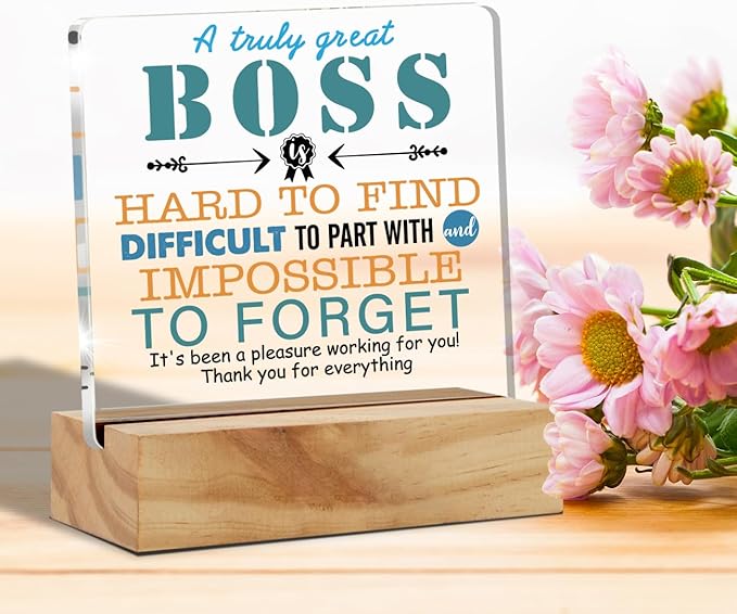 Appreciation Boss Gifts for Men & Women - Acrylic Desk Plaque Sign with Wood Stand - Boss Day, Leaving, Retirement Keepsake