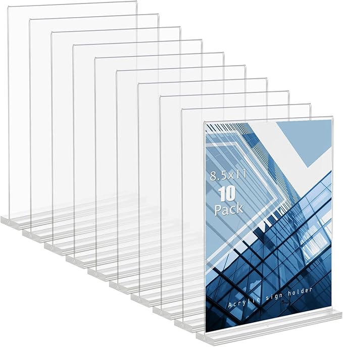 Acrylic Sign Holder, 8.5 x 11 inches Clear Table Menu Display Stand Desktop Display Stand Paper Holder Table Top Sign Holder Suitable for Restaurants, Office, Home, Store (10 pcs)