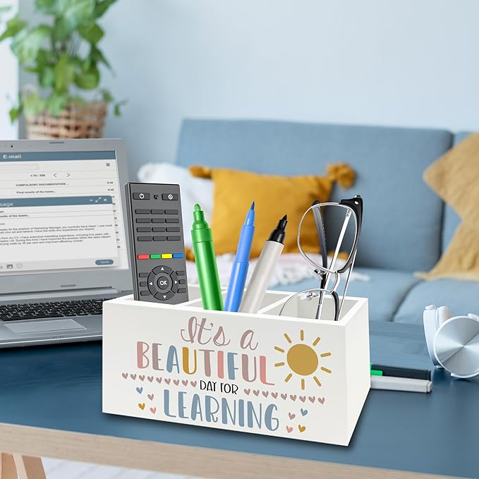 Boho Classroom Pen Pencil Holder Organizer for Desk, It's a Beautiful Day for Learning Wooden Box Signs Decorations for Home Office Desk Tabletop, Boho Classroom Decor