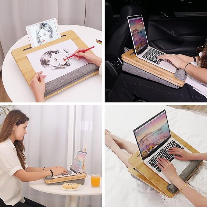 Lap Desk Laptop Tray with Cushion Portable Bed Tray Desk, Adjustable Angle Lap Desk with Tablet Phone Holder, for Home Office, Sofa, Bed, Couch and car. Bamboo Cushioned Laptop Table Tray