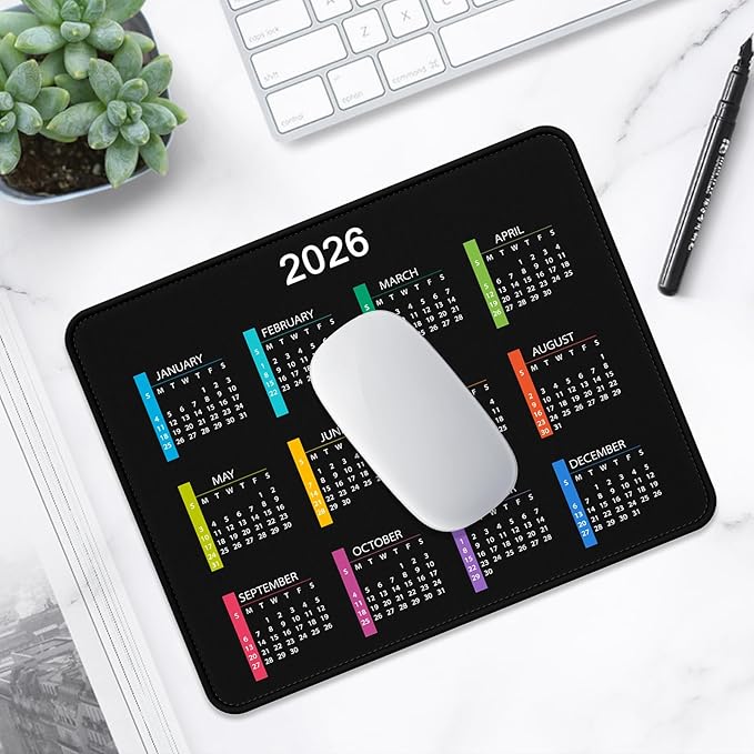 2026 Calendar Mouse Pad, Square New Year 2026 Mousepad 10.2 x 8.3 Inch, Stitched Edge Anti-Slip Waterproof Rubber Computer Mat for Office, Gaming, Laptop, New Year Office Supplies Gift, Black