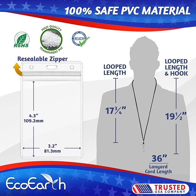 EcoEarth - 3x4 Vertical ID Badge Holder with Lanyard - Premium 100 PK, Black - Bulk Name Badge Holder and Lanyards Set - Clear Card Identification Tag Set
