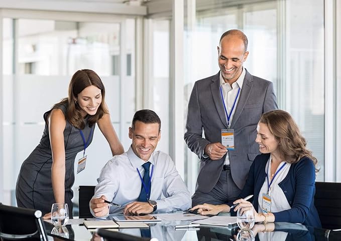 Fushing 50pcs Clear Plastic Vertical Name Tags Badge ID Card Holders and Blue Neck Lanyards with Swivel Hook for School, Festival, Event (M)