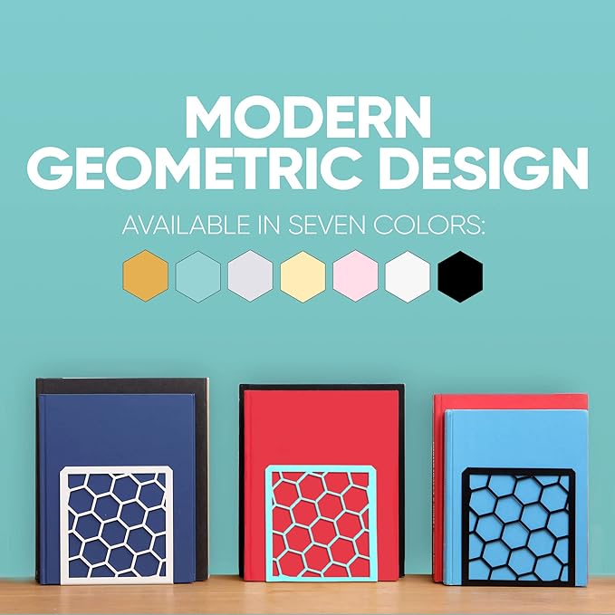 GEOMOD Geometric Honeycomb Turquoise Metal Bookends Decorative - Tall Sturdy Book Ends for Shelves - Modern Heavy Duty Bookend Stopper - Office Shelf Book Holder - 6x3.25x6.25 Inches - 1 Pair