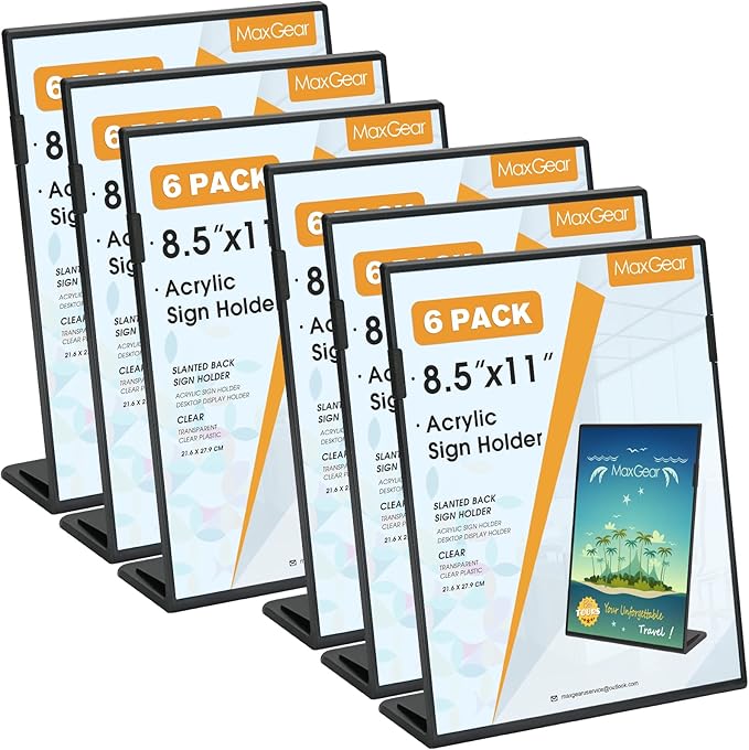 MaxGear Fall Resistant Acrylic Sign Holder 8.5 x 11 Inches 6 Pack, Slant Back Table Flyer Menu Display Stand, Heavy Duty Plastic Acrylic Sign Frame Paper Holder for Business, Store, Restaurant, Black