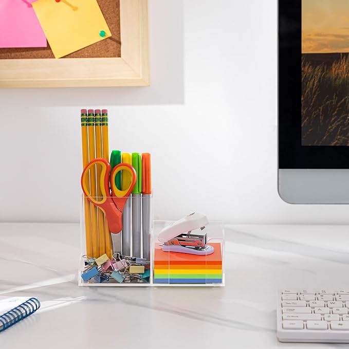 HBlife Acrylic Pen Holder Desk Organizer, 3-Compartment Pencil Holder for Desk, Clear Office Supplies Desk Accessories with Sticky Notes Holder Workspace Organizers for School, Home and Office