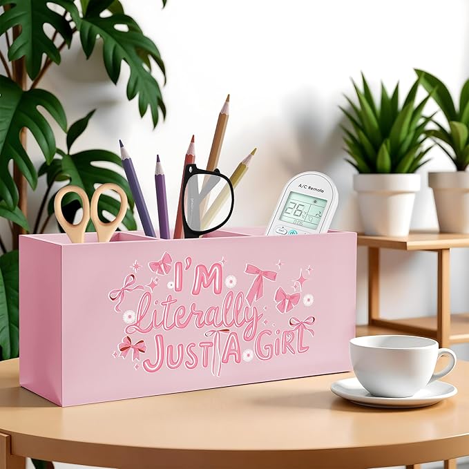 I'm Literally Just A Girl Makeup Brush Toothbrush Holder, Trendy Pink Coquette Bow Wooden Pen Pencil Holder Organizer for Dorm Bedroom Desk Accessories, Back to School Gifts for Girls