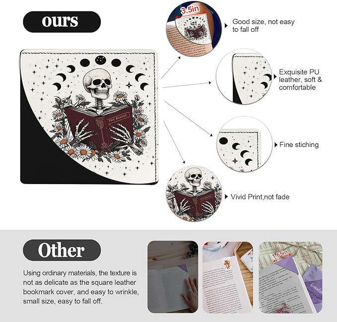 Skeleton Book Marks for Reading Women, 4 Pcs Funny Leather Book Accessories for Book Lovers, Skull Corner Bookmarks, for Women Men Student Teacher Retirement Birthday Gifts