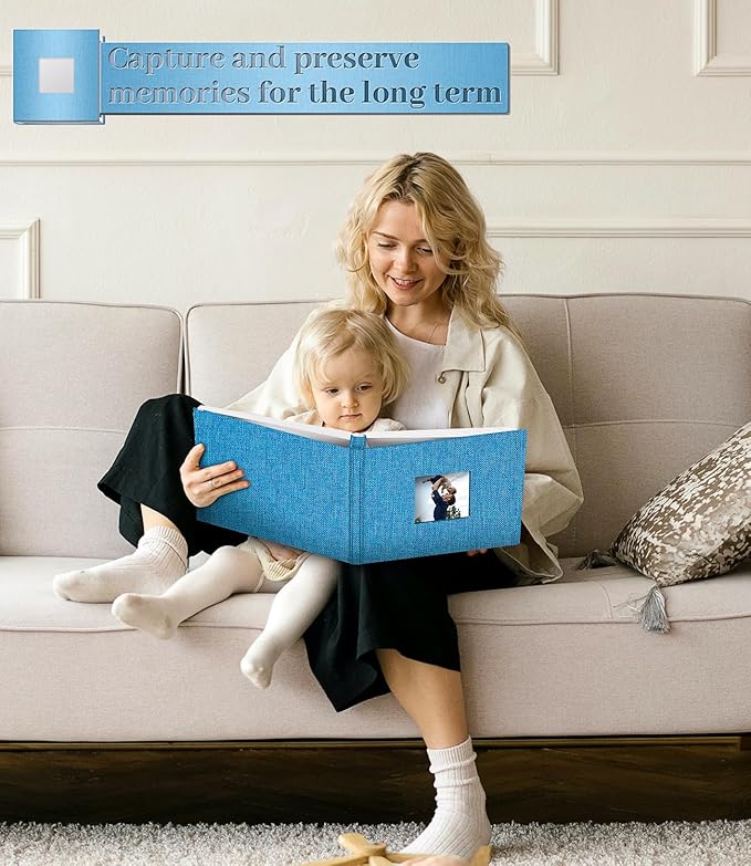 Photo Album Self Adhesive Scrapbook Album for 3x5 4x6 5x7 8x10 Pictures,120 Pages Linen Cover with Display Window DIY Photo Book,Ideal Gifts for Family Travel Wedding Baby