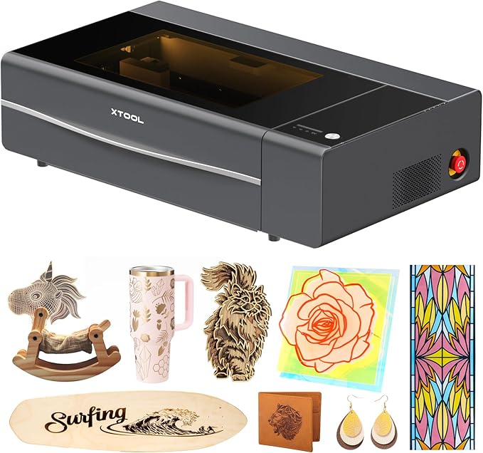 xTool P2S 55W CO2 Laser Cutter, Smart Desktop CO2 Laser Engraver and Cutter Machine, Dual Smart 16MP Cameras, 3D Curved Cylinder Engraving, Create with Wood and Metal Acrylic Glass Fabric Leather