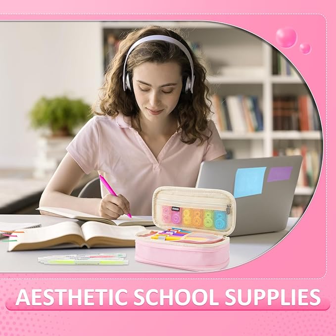 Janlaugh 38 Pcs Aesthetic College School Supplies with Pen Case Sticky Notes Gel Pens Highlighters Correction Tapes Back to School Stationery Kit(Neon Color,Vibrant)