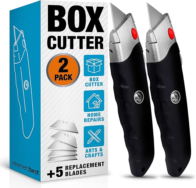 INTERNET'S BEST Premium Utility Knife Set | Retractable Box Cutter with Rubber Handle | Heavy-Duty Cutting for Cardboard, Carpet, Plastic | Retractable Blade | Includes 2 Razor Knives & Extra Blades