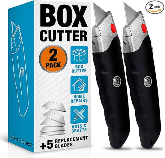 INTERNET'S BEST Premium Utility Knife Set | Retractable Box Cutter with Rubber Handle | Heavy-Duty Cutting for Cardboard, Carpet, Plastic | Retractable Blade | Includes 2 Razor Knives & Extra Blades