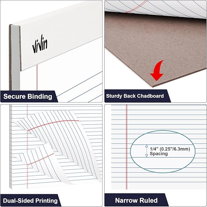 ViVin 5 x 8 Inch Legal Pads, 12 Pack, Narrow Ruled, 50 Sheets Per Writing Pad, Perforated Note Pads Ideal for Home, Office, Business, 600 Sheets, White Paper