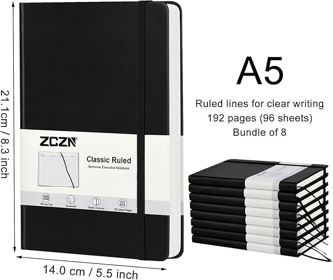 ZCZN 8 Pack Hardcover Journal Notebooks, 5.5"x8.3", Hardcover, Black, A5 Lined Journals for Notes-taking,Writing,Diary, Ruled Journaling Notebooks for Work School Travel Home