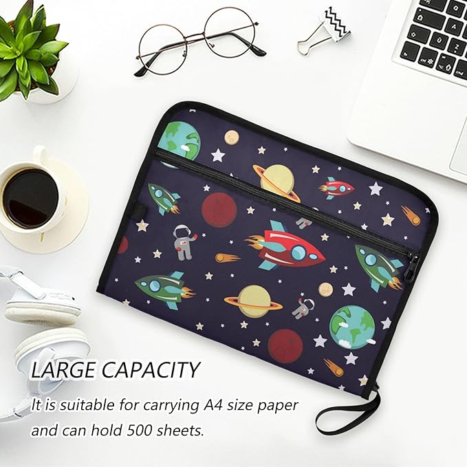 Expanding File Folder - Rocket Planets Star Astronaut 13 Pocket Accordion File Folders with Sticky Labels, A4 Letter Size Paper Document Organizer with Zipper Closure for Office School Boys Girls