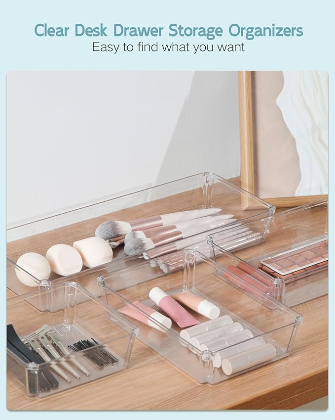 9 Pack Large Clear Plastic Drawer Organizer Trays, Desk Drawer Organizers and Storage Dividers, Non-Slip Storage Bins for Jewelry, Snacks, Office, Bathroom, Bedroom and Kitchen