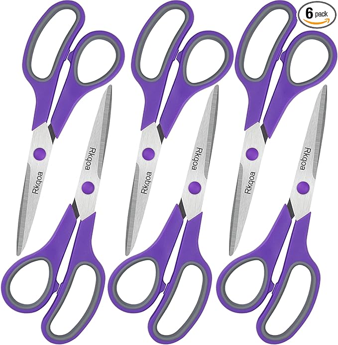 Purple Scissors Pack, Rkqoa 8" Scissors All Purpose - Comfort-Grip Sharp Shears for Office School Sewing Fabric Craft Art Supplies, Teacher/Class Everyday use, Classroom Must have