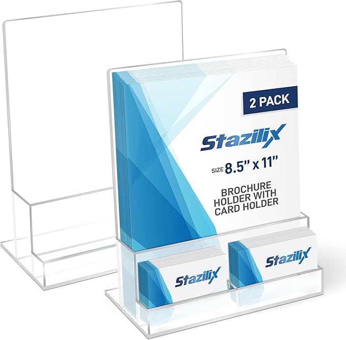 2 Pack Acrylic Flyer Holder 8.5 x 11 Clear Brochure Display Stand with Acrylic and Business Card Holder, Plastic Flyer Display Stand for Magazine, Pamphlet, Booklets, Menu, Journals
