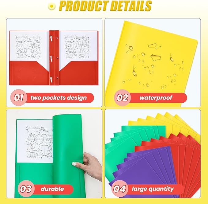 Yeaqee 60 Pcs Plastic Folders with Pockets and Prong Plastic Folders with 2 Pockets Pocket for Office, School for Students, Teachers, Office Workers (Multicolor)
