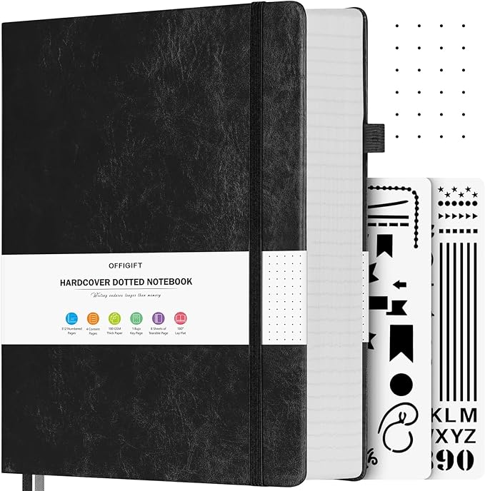 Bullet Dotted Journal, Large A4 Hardcover Leather Journal, 312 Numbered Pages Thick Journal, 100gsm No Bleed Paper Dot Grid Notebook for Women Men, 8.5'' × 11'', Black