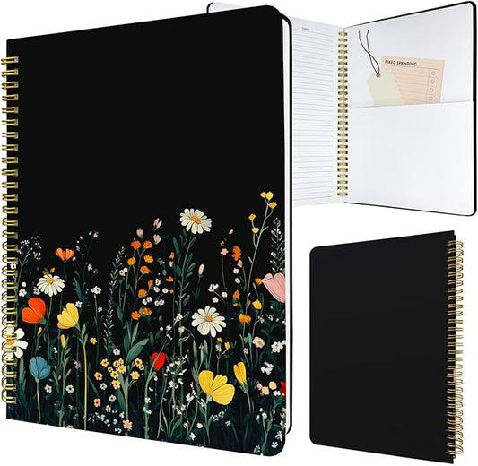 Cute Spiral Notebook journal B5 Aesthetic Pretty Design for Women Girls Kawaii with Pocket, 10 x 7.2 inch, Lined, Black Flower