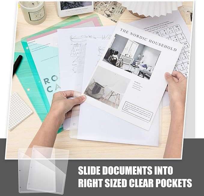 Seajan 48 Pcs Pocket Folders for 3 Ring Binder Clear Plastic Folders Sleeves with 2 Pockets 3 Hole Punch Binder Dividers Poly Slash File Jackets for Office School Document Organizer (White)