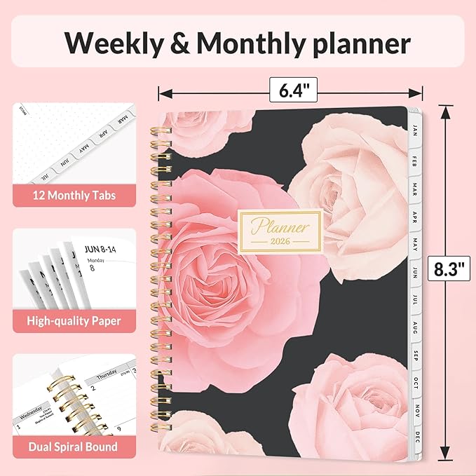 SUNEE Planner 2026 Weekly and Monthly, January 2026-December 2026, 6.4"x8.3", Tabs, Note Pages,Spiral Binding, Colorful Flowers