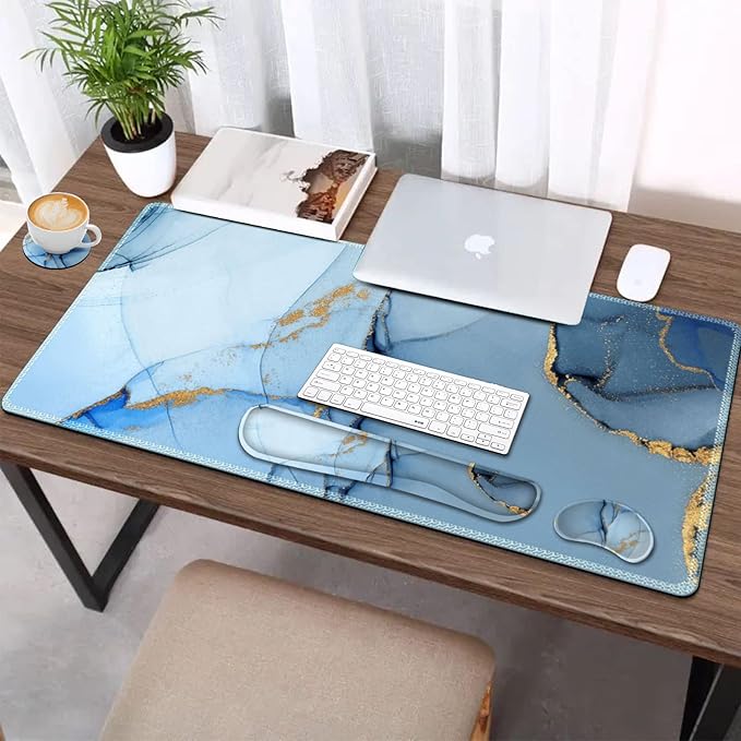 AIMSA Large Gaming Mouse Pad Set, Keyboard Wrist Rest Support Mouse Pad, Ergonomic Memory Foam Multifunctional Extended Desk Mat 35x15.7in Anti-Slip Rubber Base for Office Home, Blue Marble