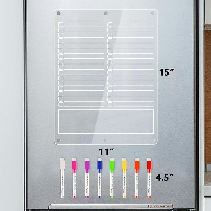Acrylic Grocery List Magnet Pad for Fridge, Reusable to Do List for Refrigerator, Clear Notepad Note Planning Board, Shopping List, Reminders, w/ 8 Colors Markers, 15"x11"