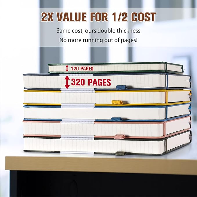 5 Pack College Ruled Notebook, 312 Numbered Pages Thick Notebooks Bulk, 100gsm No Bleed Paper Hardcover Leather Journal, Lined Journal Notebook Set for Women Men School Office, A5, Brown