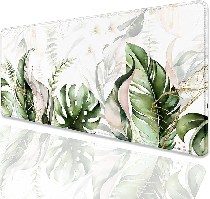 Green Tropical Leaves Mouse Pad Desk Pad,Green Sage Plant Extended Gaming Mouse Mat with Stitched Edges Non-Slip Waterproof Rubber Base Mous Mat for Office Home Game Desk Pad(27.5X11.8 in)
