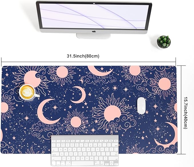 Colorful Star Starry Sky Large Mouse Pad, Celestial Moon and Sun Extended Gaming Mouse Pad Non-Slip Desk Mat, Leather Blue Keyboard Mat for Desktop Gaming Mousepad Accessories 31.5"x15.7"