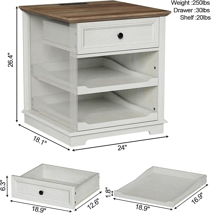 Lateral File Cabinet 3 Drawer File Cabinet with Charging Station, Printer Stand with Open Adjustable Storage Shelves, Lateral Filing Cabinet for Home Office, White
