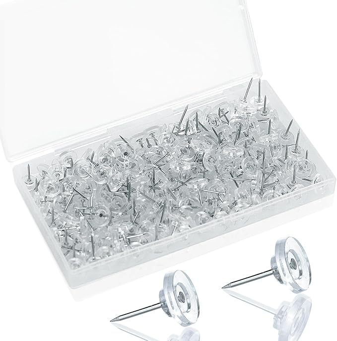 200 Pack Clear Push Pins – Thumb Tacks for Bulletin Boards, Cork Boards, Wall Displays – Flat Head, Heavy Duty Plastic, Reusable Storage Box Included