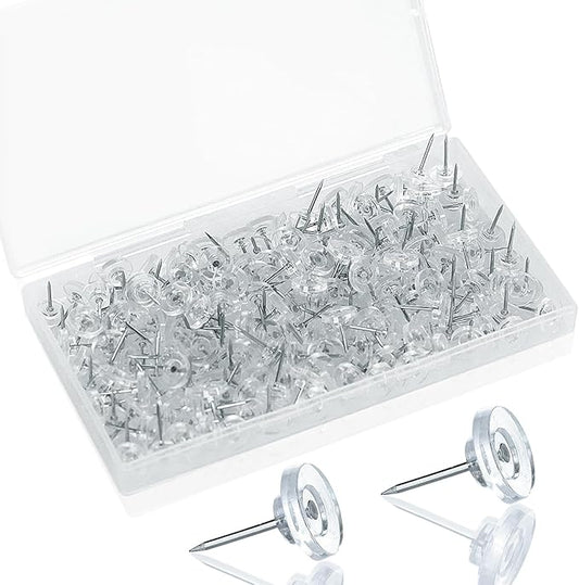 200 Pack Clear Push Pins – Thumb Tacks for Bulletin Boards, Cork Boards, Wall Displays – Flat Head, Heavy Duty Plastic, Reusable Storage Box Included