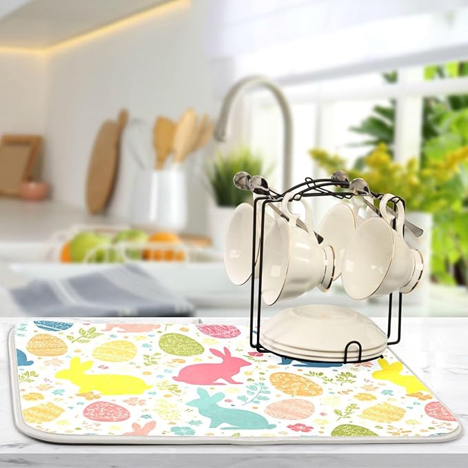 Flowers Eggs Bunny Easter Dish Drying Mat 18 X 24 Inches Spring Rose Leaves Peeps Rabbits Dry Dishes Pads Mats for Kitchen Tableware Protector Countertops Counter Home Decorations