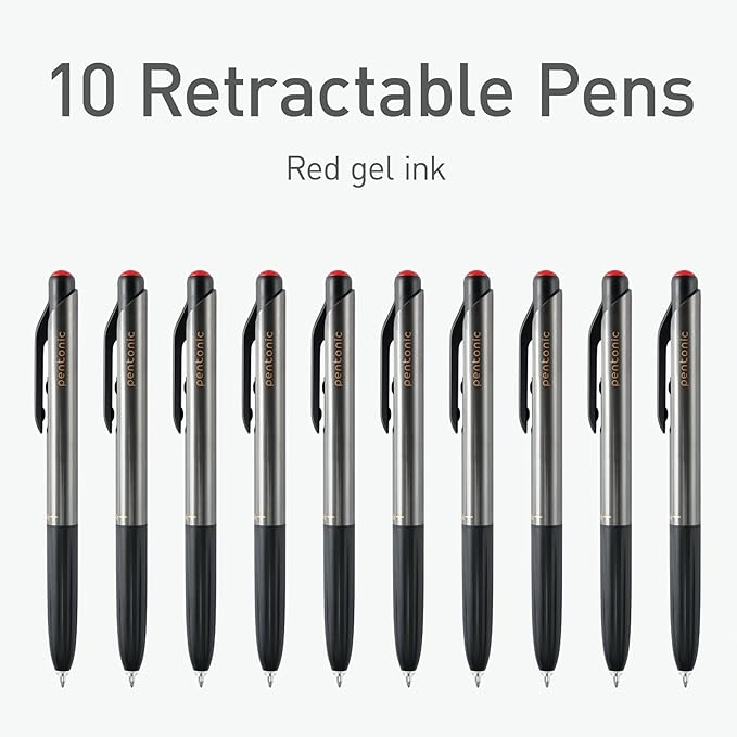 Pentonic GR-T Retractable Gel Pens, 10 Count, Red Ink, 0.7 mm Fine Point, Smooth Writing For Journaling, Note Taking, Office & School (1002364)