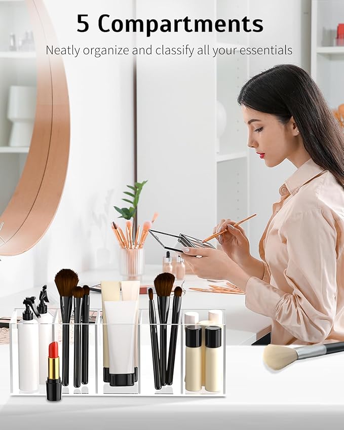 Uniclife Clear Acrylic Pen Holder for Desk, Plastic Pencil Holder Pen Organizer with 5 Compartments, Desktop Stationery Organizer for Office Home School, Vertical Makeup Brush Holder, 11.3" x 3" x 4"
