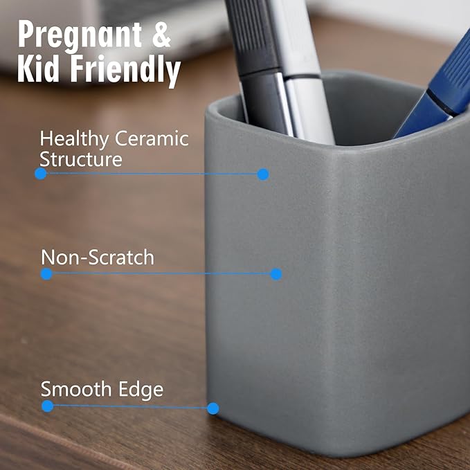 Pen Holder, 2 Pack Pencil Holder for Desk ,Ceramic Pencil Cup Desk Organizer, Makeup Brush Holder Cute, Stationery Accessories for Office, School, Home (Matte gray)