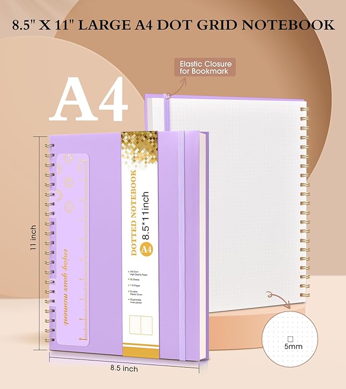 Dotted Notebook, Spiral Notebook Journal 8.5” x 11”, A4 Large Dot Grid Notebooks for Women Men, 100 GSM Dotted Paper, Plastic Hardcover Spiral Bullet Journals for Work School Sketching, Purple