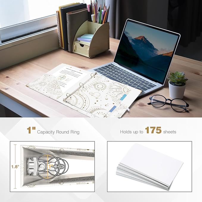 Ospelelf 3 Ring Binder, 1 Inch, Cute Letter Size (11" x 8.5") with 5 Tab Dividers, File Folder Labels and Low Profile Clipboards, Tarot Cards Binder for School and Office Supplies