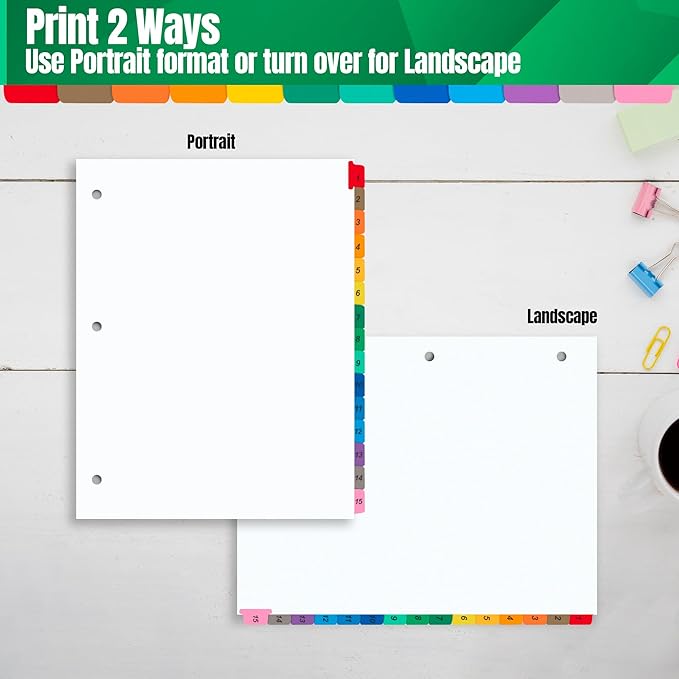 Tab Dividers for 3 Ring Binders – 6 Sets, 1–15 Numbered Index Dividers with Table of Contents – 8.5 x 11 in, 3-Hole Punched – Binder Dividers for School, Office, Filing, Organizing - 6 Pack