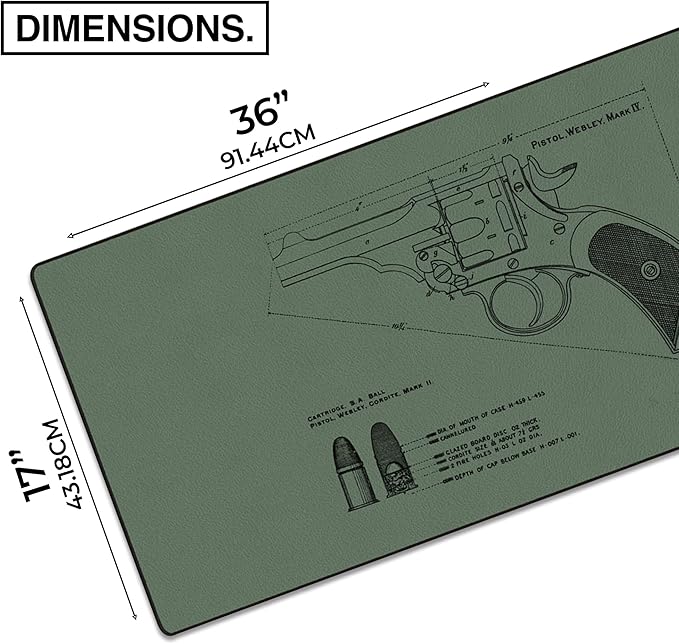 MPCO. Blueprints Large Gaming Desk Pad - 36" x 17" Aeroglyde Fabric Pistol Webly Mark IV – Green Desk Mats - Non-Slip, Washable, Smooth Glide for Precision Gaming & Work