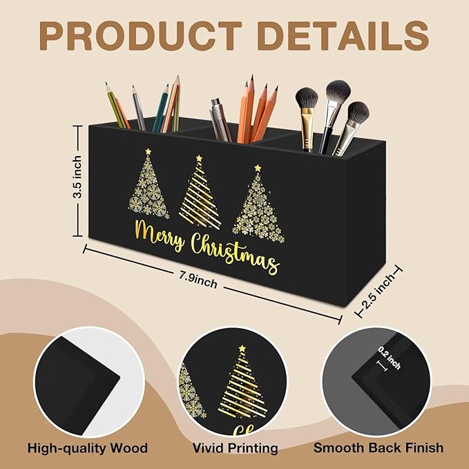 Black and Gold Christmas Tree Pen Pencil Holder Organizer for Desk Accessories, Christmas Office Decor, Golden Snowflake Xmas Tree Wooden Box Signs Decorations for Home Office Desk Tabletop